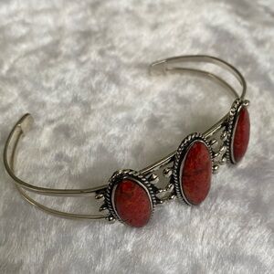 🍀925 Santa Fe Red Coral Stone Sterling Silver Cuff Bracelet
